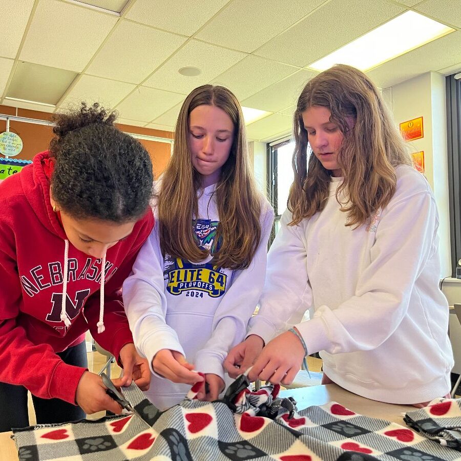 Three participants creating beds for animals at the Huron Valley Humane Society